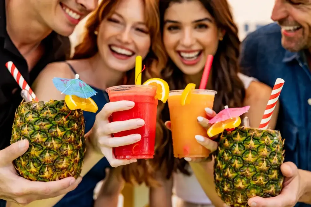 Friends laughing and toasting with colorful tropical cocktails and pineapple drinks at The Wharf Fort Lauderdale on a night out